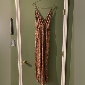 Spaghetti strap brown dress with blue flowers